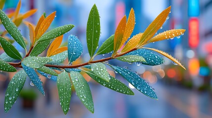 Vibrant Dew Kissed Leaves After Rain City Bokeh Background Close Up