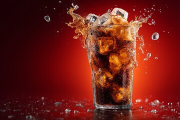 Refreshing drink splashing with ice cubes.