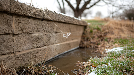 Obraz premium Weathered Brick Wall Beside Waterway: The image showcases a weathered brick retaining wall lining a waterway, depicting the serene intersection of architecture and natural elements.