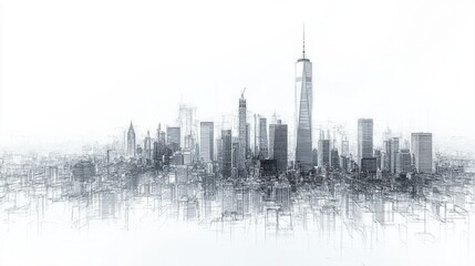 Abstract Skyline Illustration of a Modern City with Tall Buildings and a Sense of Depth in Black and White