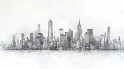 Fototapeta premium Detailed Cityscape Illustration of Manhattan Skyline on a Minimalist Background in Soft Watercolor Style