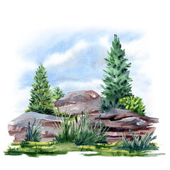Rock with firs and grass in watercolor technique.