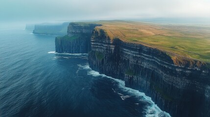 Breathtaking Aerial View of Rugged Coastal Cliffs and Turquoise Sea Under Misty Sky, Natural Landscape Panorama