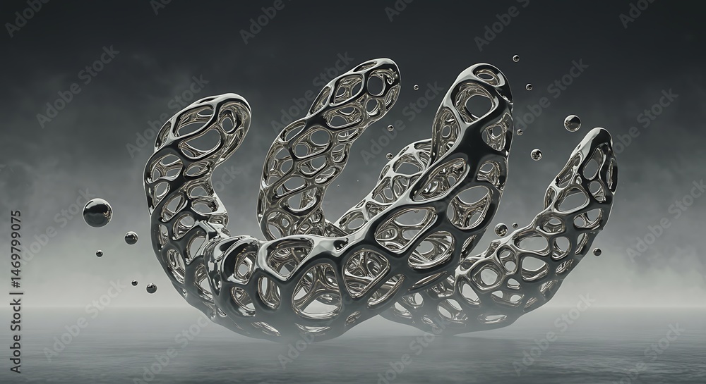 Poster abstract interconnected network with chrome finish and floating sphere, futuristic landscape