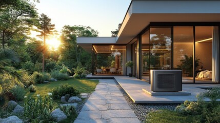 Modern luxury villa entrance with smooth stone path, sunlit patio hosting a sleek heat pump unit near floor to ceiling windows
