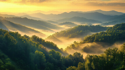 Fototapeta premium Scenic mountain landscape with mist and golden hour lighting