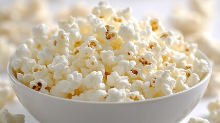 Close-up view of a bowl full of white popcorn kernels.