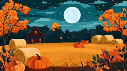Autumn Harvest Moonlit Farm.