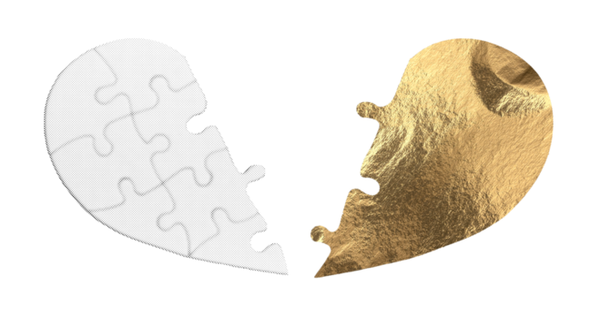 Golden heart puzzle piece, broken in two, symbolizing emotional pain and separation in a