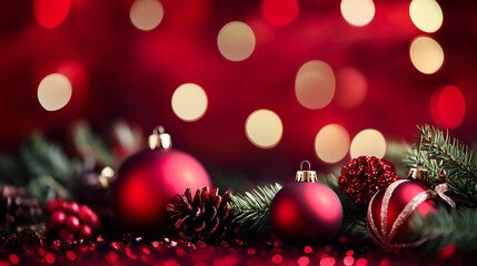 Obraz premium Deep red backdrop with shimmering bokeh glitter, soft vintage light effects, warm and dreamy holiday vibe, elegant and celebratory. 