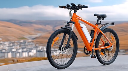 Obraz premium Powerful Orange Electric Mountain Bike on Scenic Mountain Trail