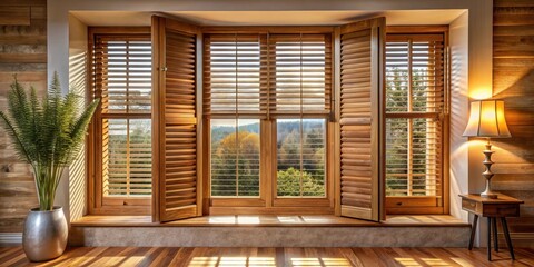 Beautiful wooden shutters on a large window with a warm and cozy atmosphere, architecture