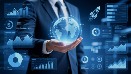 Businessman presenting global business data and growth analytics with modern interface