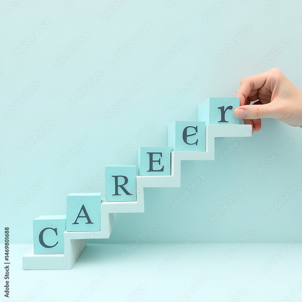 Poster conceptual image representing career progression with blocks arranged on a staircase and a hand plac