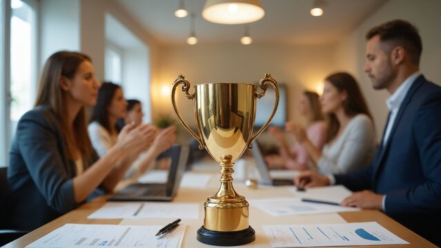 Businessman Holding Trophy Award with Applauding Team in Office – Best Employee Success Concept
