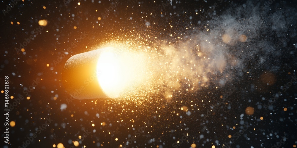 Poster bright glowing capsule exploding with sparks and dust abstract energy burst