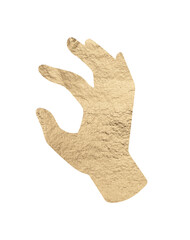 Hand gripping a piece of gold foil with two fingers, showcasing a golden metallic texture. Grasping