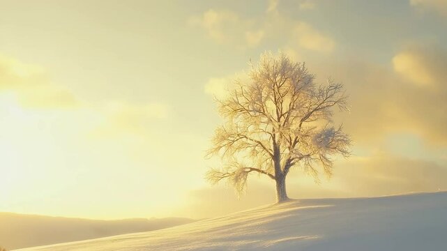 A tree stands alone on a snowy hill, with the sun shining brightly in the background. Concept of solitude and peacefulness, as the tree stands tall and proud despite the harsh winter conditions