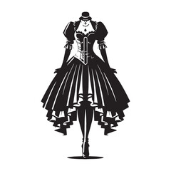 Fototapeta premium Corset steampunk dress with voluminous skirt silhouette – steampunk dress silhouette – steampunk dress vector – steampunk dress illustration – ladies dress silhouette – silhouette of steampunk dress