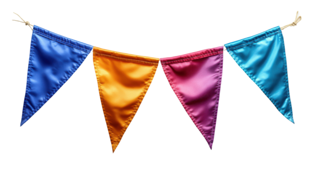 Colorful pennant chain with transparent background, festive triangular flag banner in vibrant colors, ideal for party decoration, celebration themes, birthdays, carnivals, and cheerful events