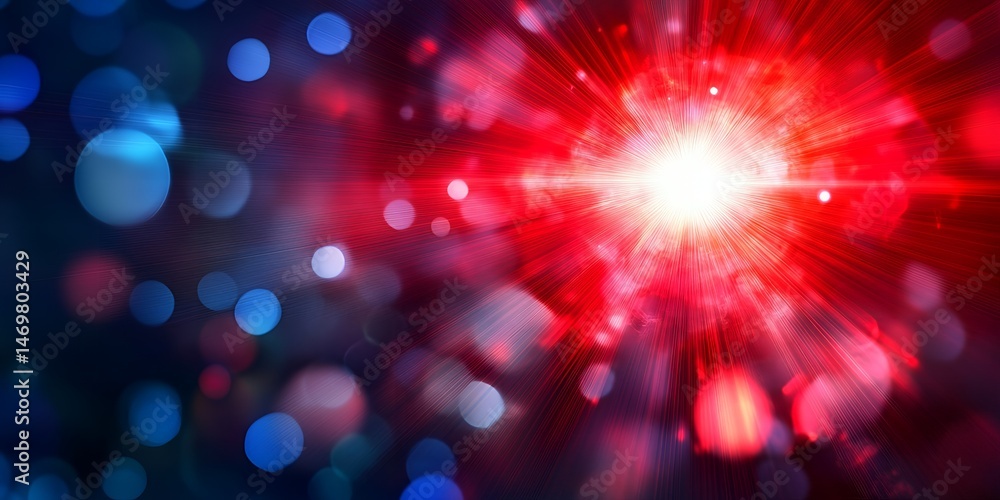 Poster vibrant red and blue abstract light burst background with bokeh effect
