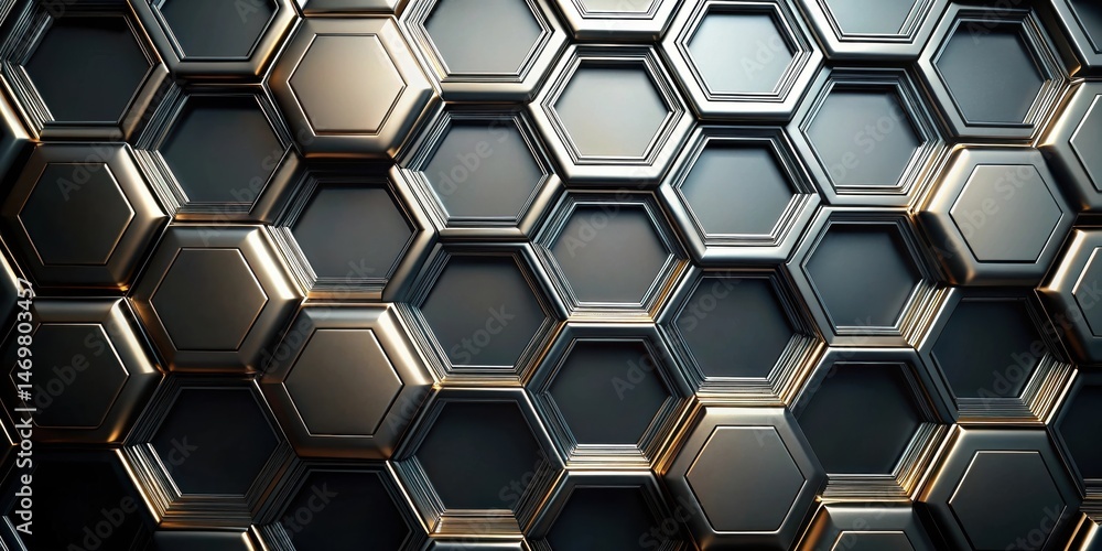 Poster Abstract Hexagonal Metallic Surface Pattern Design with Dark and Gold Accents