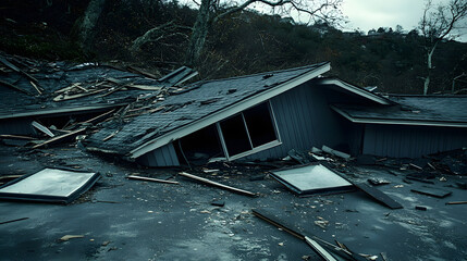 House destroyed by flood disaster: A house is submerged in floodwaters, its roof partially collapsed and surrounded by debris, highlighting the devastating aftermath of a natural disaster.