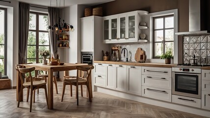 Classic white kitchen with wooden details. Modern furniture with accessories and various utensils.