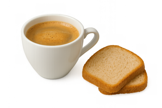 Morning Delight: A fresh coffee cup and delicious bread slice create a perfect breakfast scene, offering a moment of calm to embrace the day.