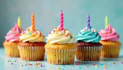 Delicious birthday cupcakes with colorful frosting and sprinkles , sweet treat, blue