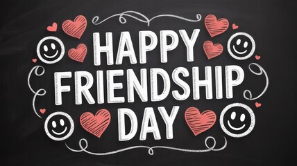 Chalkboard-Style 'Happy Friendship Day' Design with White Chalk Text, Hearts, and Smiley Faces Generative AI