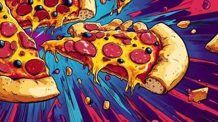 Vibrant Cartoon Style Pizza Slice with Melting Cheese and Pepperoni on Colorful Abstract Background