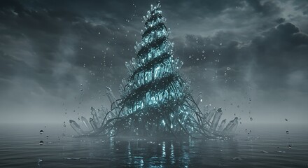 Obraz premium Mystical crystalline structure on water against a dark, clouded sky