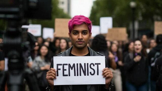 Young South Asian Female Activist with Pink Hair Holding 'Feminist' Sign at a Rally Amidst Diverse Crowd Advocating for Gender Equality and Women's Rights in Urban Setting