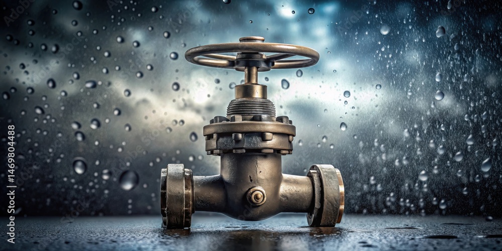 Poster industrial valve in a rainy setting a symbol of control and resilience