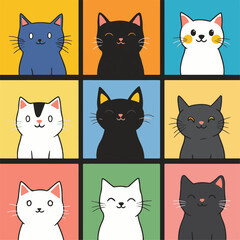Cute Cartoon Cats Faces Collection Various Colors Minimalist Style Vector Illustration