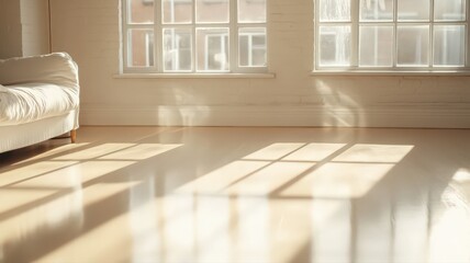 Fototapeta premium Sunlit Minimalist Room Interior with White Couch and Large Windows