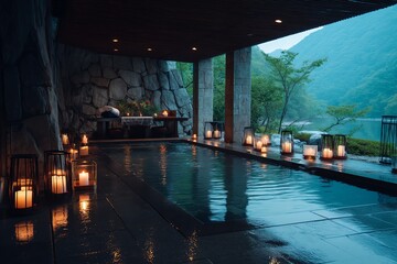 Fototapeta premium Serene indoor pool with ambient lighting.