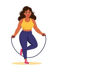Plus-size woman smiling while skipping rope on a white background  
