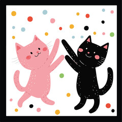 Playful Cats Dancing With Colorful Polka Dots Hand Drawn Style Illustration