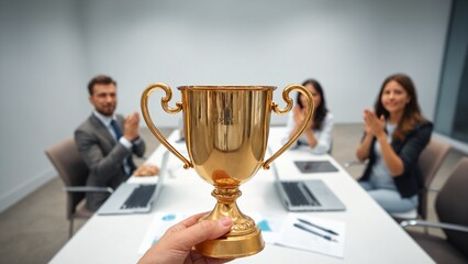 Businessman Holding Trophy Award with Applauding Team in Office – Best Employee Success Concept