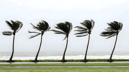 Wind Swept Palms: The relentless dance of wind bends and shapes the silhouette of the palm trees, set against the moody backdrop of the seaside and the sky.