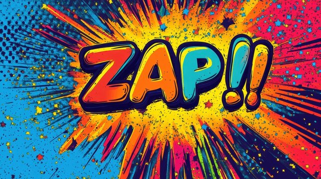 Colorful comic book style explosion with the word ZAP in bold, vibrant lettering on a dynamic background