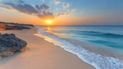 Fototapeta premium Sunset over ocean meeting sandy beach with colorful sky and calm water