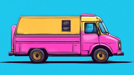Vibrant Pink and Yellow Food Truck on Bright Blue Background in Retro Style Illustration