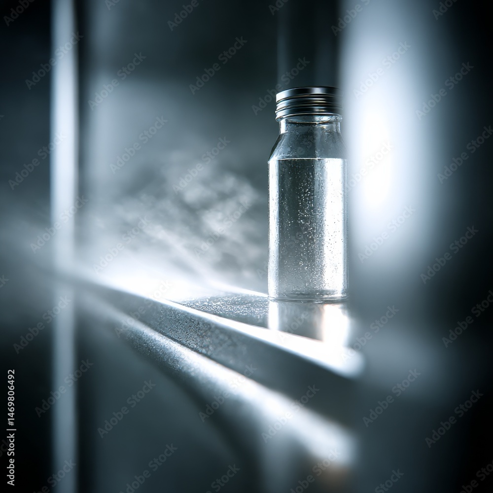 Poster chilled water bottle on a frosty surface: a study in cold purity and light, reflected on a smooth sh