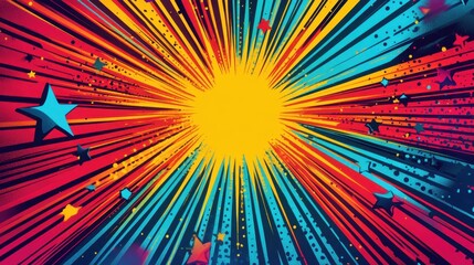 Bright Colorful Explosion Background with Radiating Lines and Star Motifs in Blue, Red, and Yellow Shades