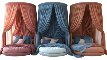 Collection of four poster bed front view full length isolated on white background, elegant and classic wooden canopy beds showcasing luxury design, ideal for interior visuals, furniture catalogs, and 