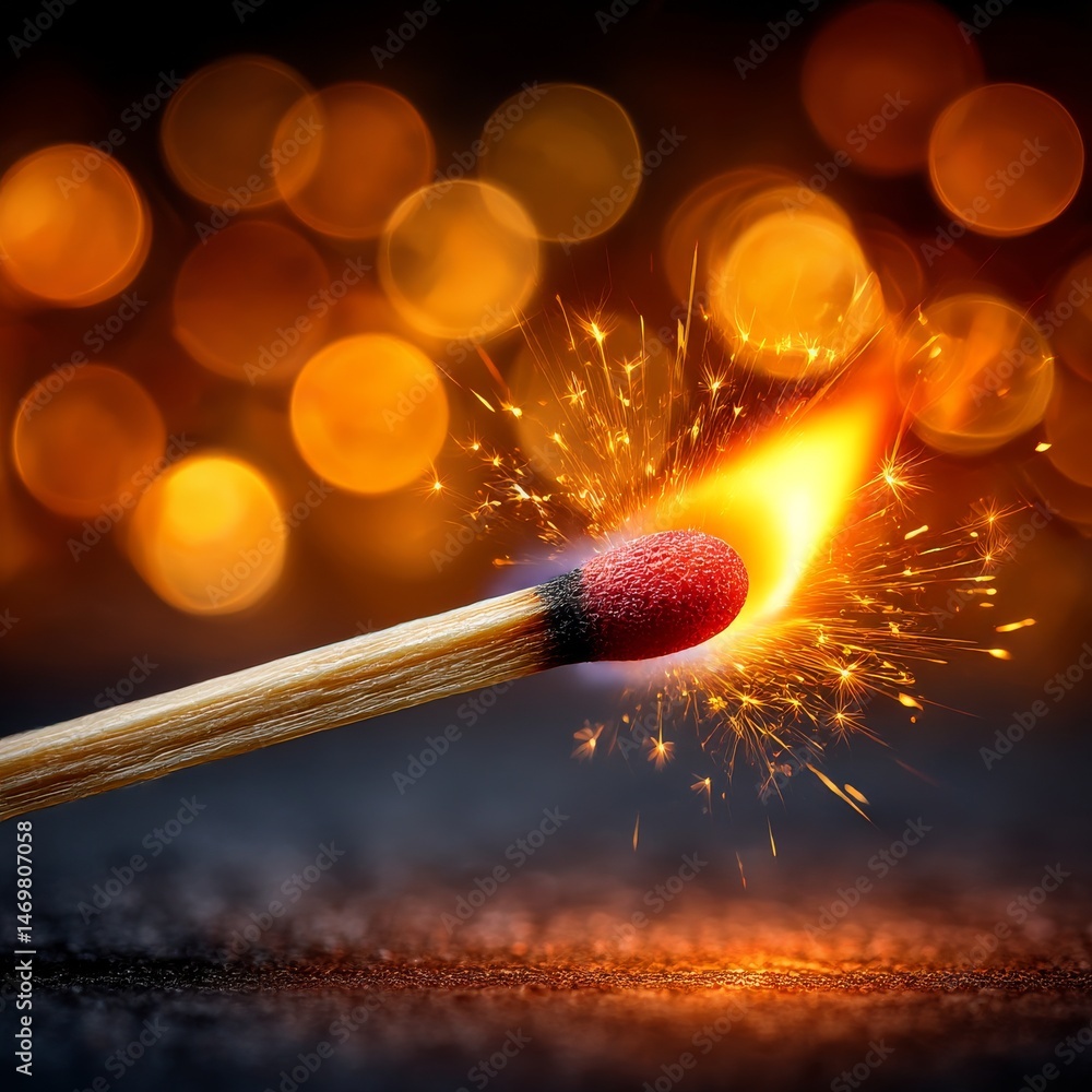 Poster ignited matchstick in the dark: a moment of brilliance with sparkling embers against a bokeh backgro