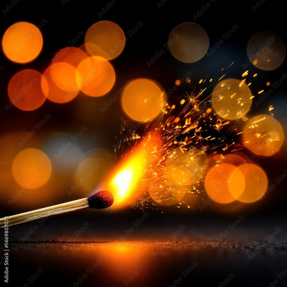 Leinwandbilder Ignited Matchstick with Fiery Sparks Against a Bokeh Background - A Moment of Light and Warmth Captured in Time